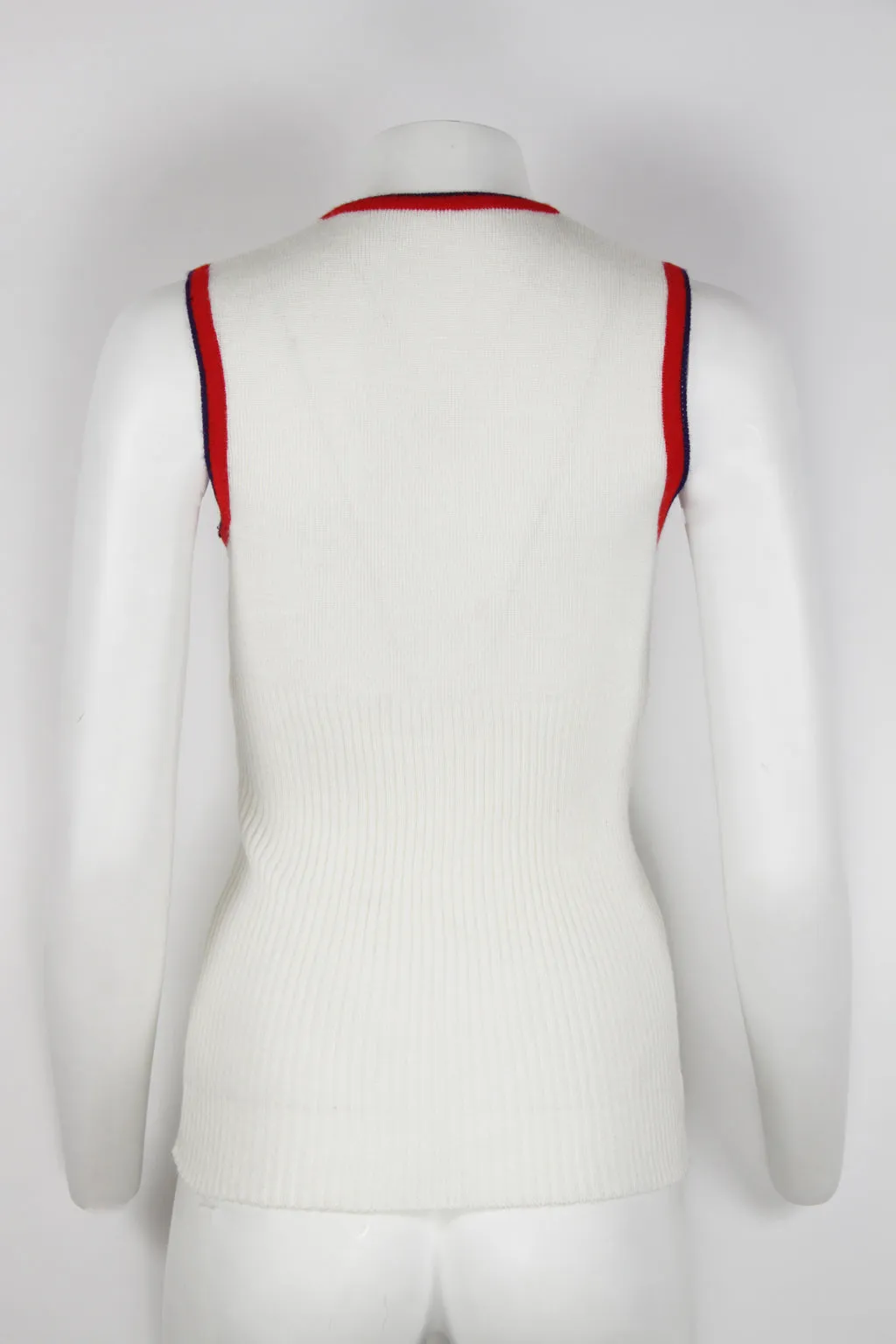 70s white ribbed vest with red and navy trim - S