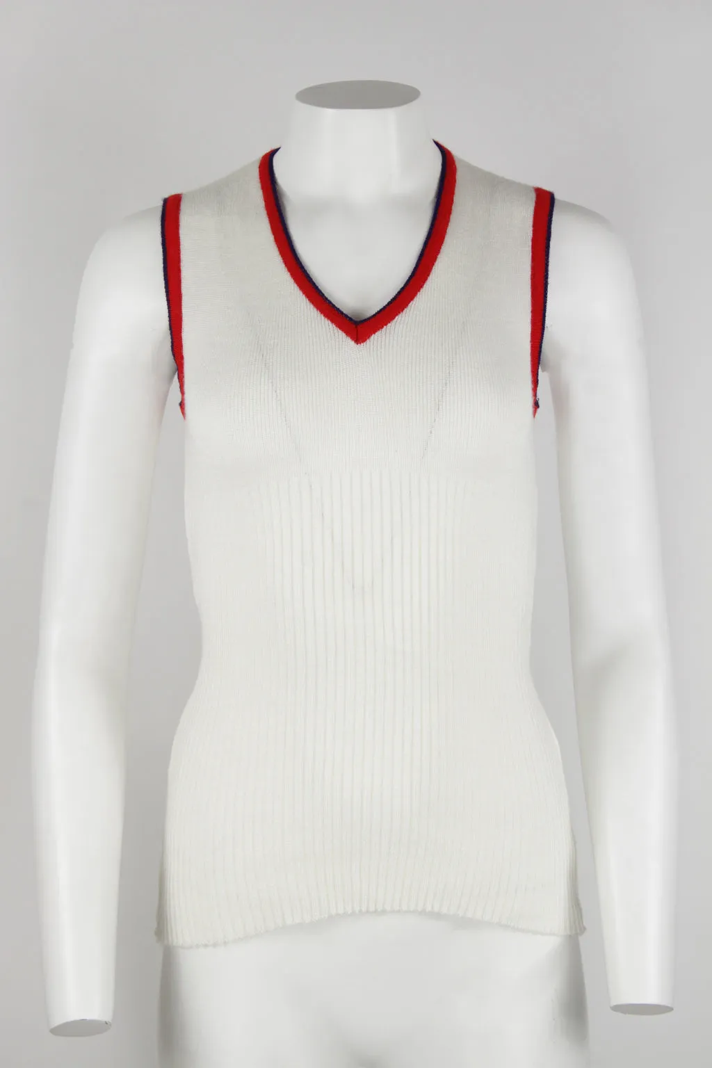 70s white ribbed vest with red and navy trim - S