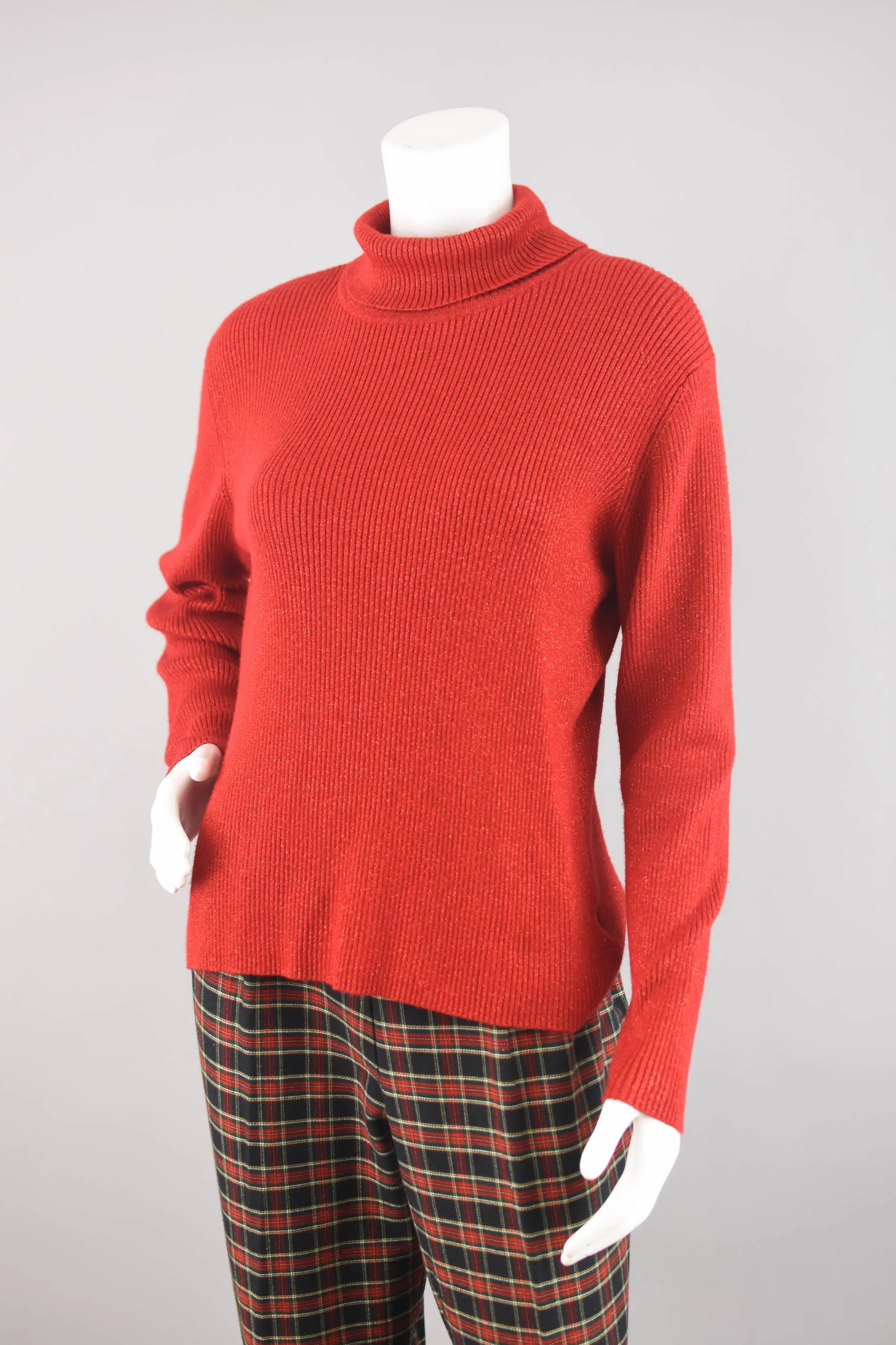 90s Metallic Red Ribbed Turtleneck, Women's Extra Large
