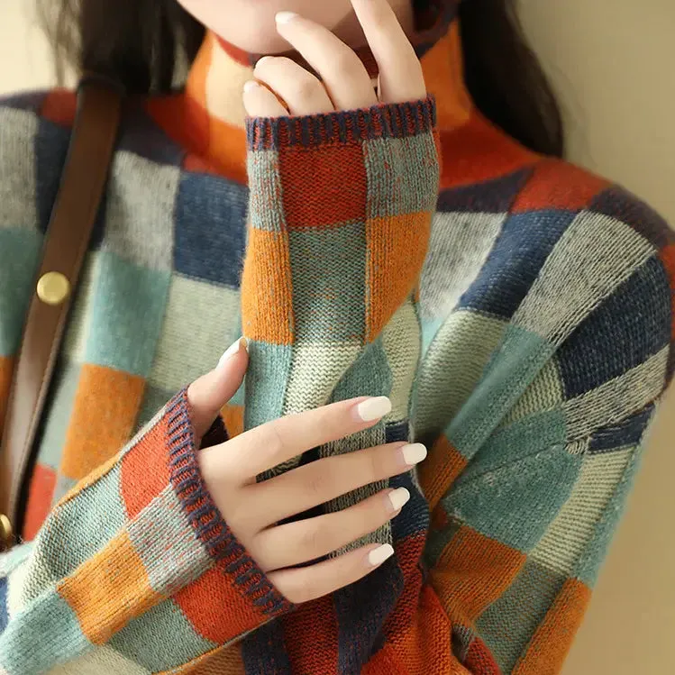 Adalynn | Colorful Cashmere Turtleneck Sweater with Elegant Patchwork Design