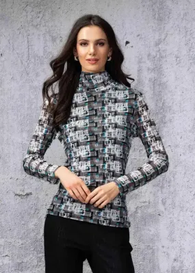 Alison Sheri Grey, Black, White & Turquoise Print Long Sleeve Turtleneck Top