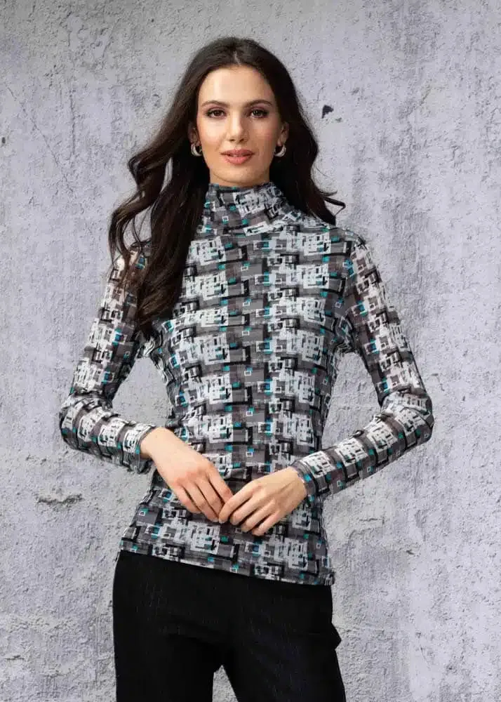 Alison Sheri Grey, Black, White & Turquoise Print Long Sleeve Turtleneck Top