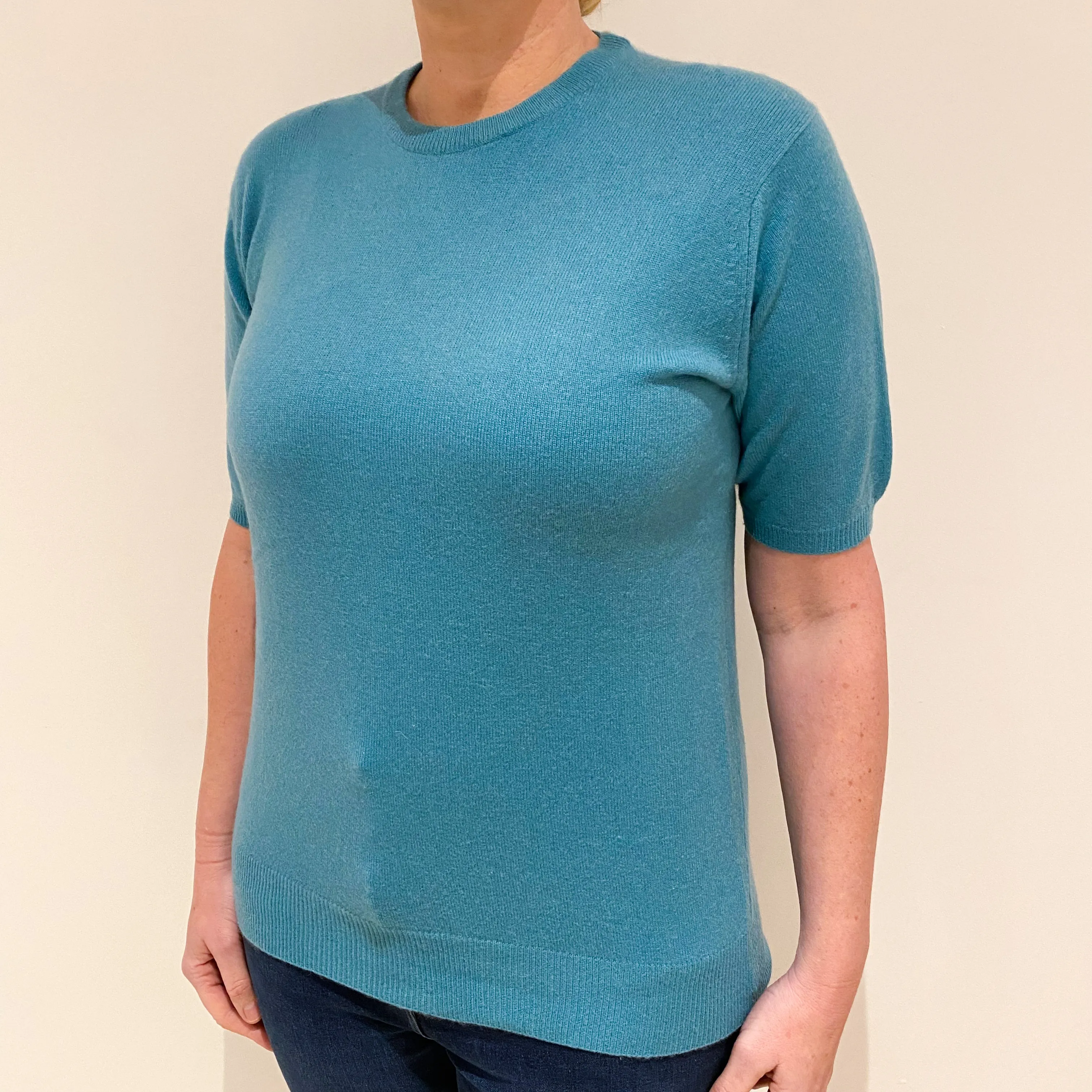 Aqua Blue Cashmere Short Sleeved Crew Neck Jumper Large