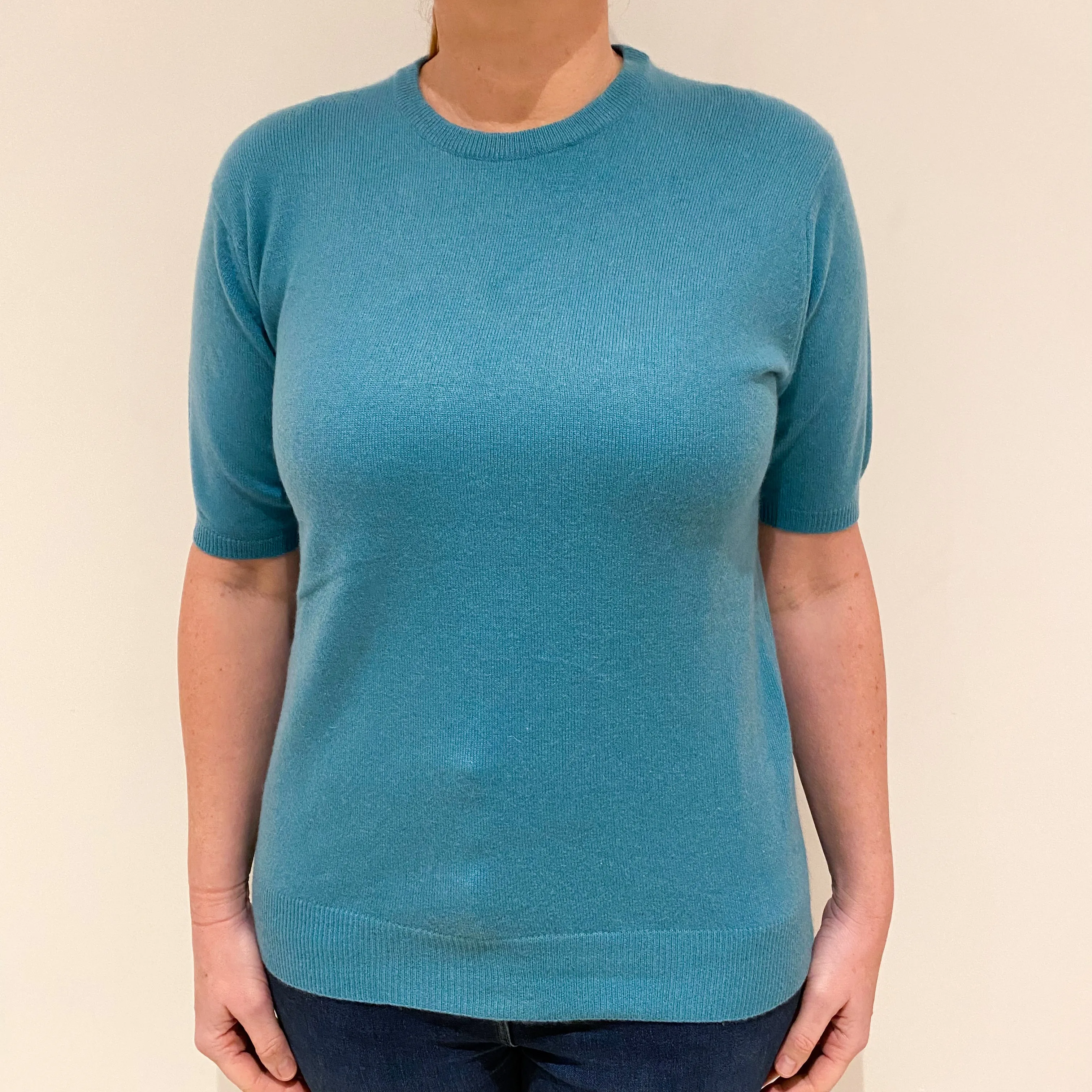 Aqua Blue Cashmere Short Sleeved Crew Neck Jumper Large