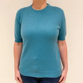 Aqua Blue Cashmere Short Sleeved Crew Neck Jumper Large