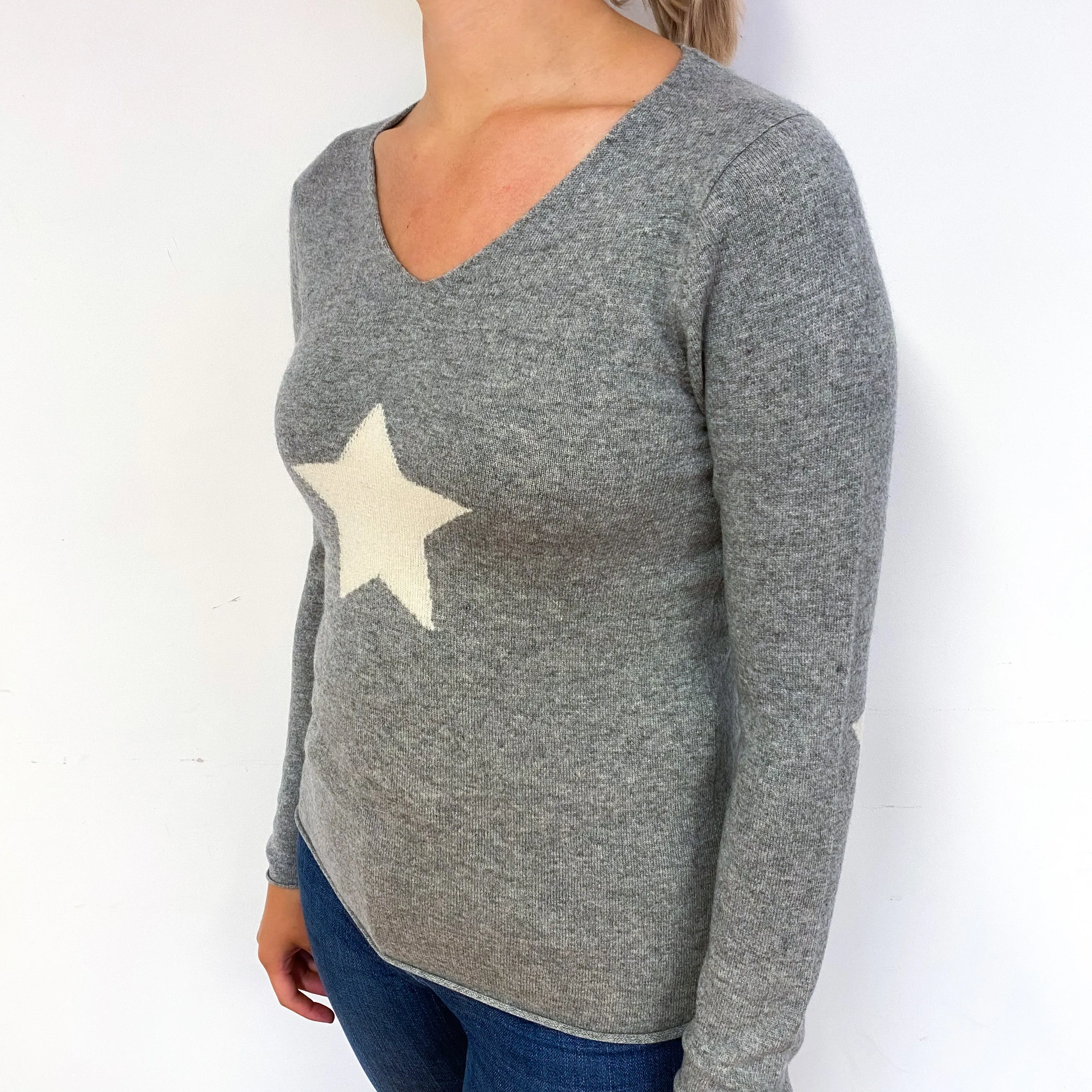 Ash Grey Star Cashmere V-Neck Jumper Small