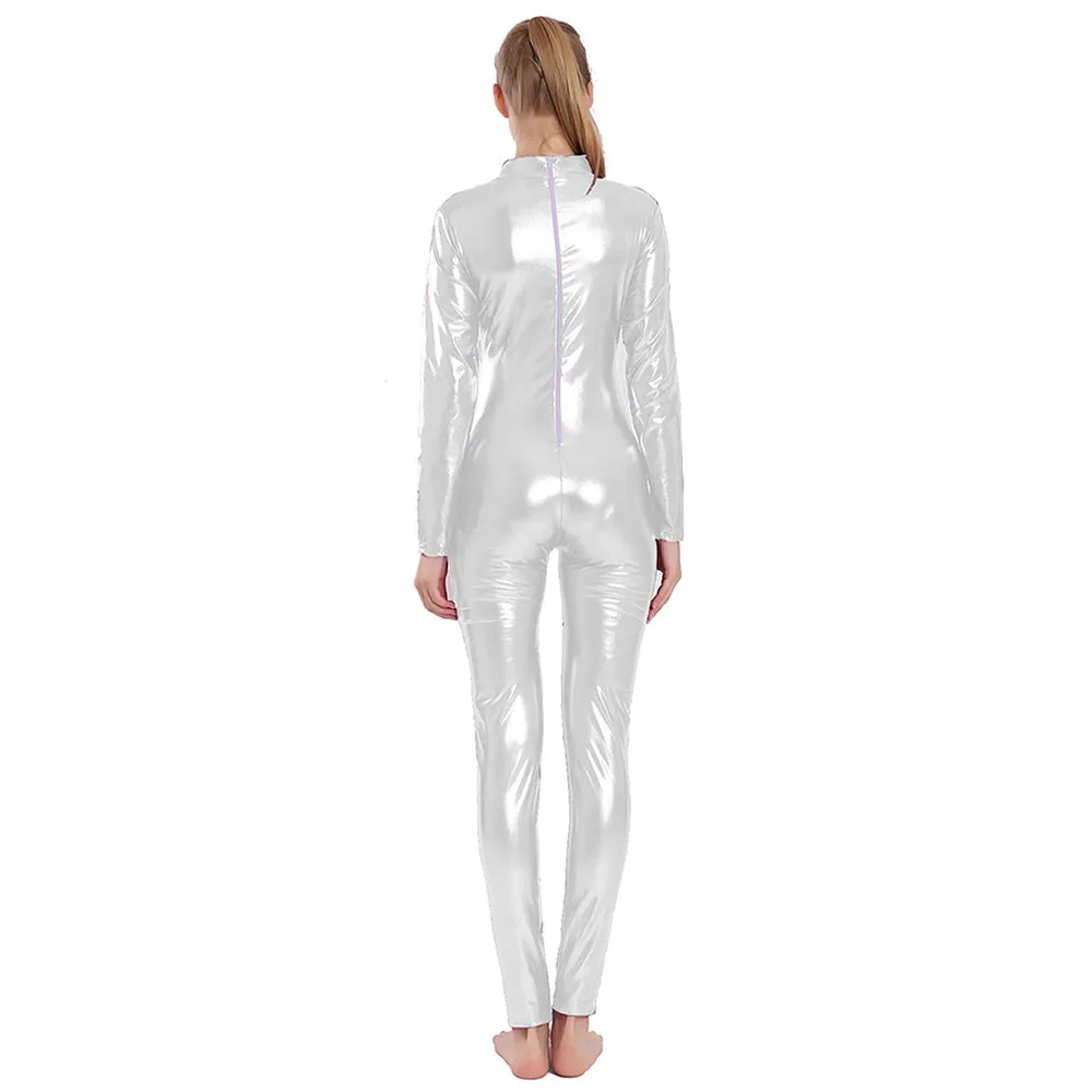 Ashore Shop Women Shiny Metallic Unitard Turtle Neck Long Sleeve Footless Cosplay Zentai Suit Adult Hollween Catsuit Dance Wear