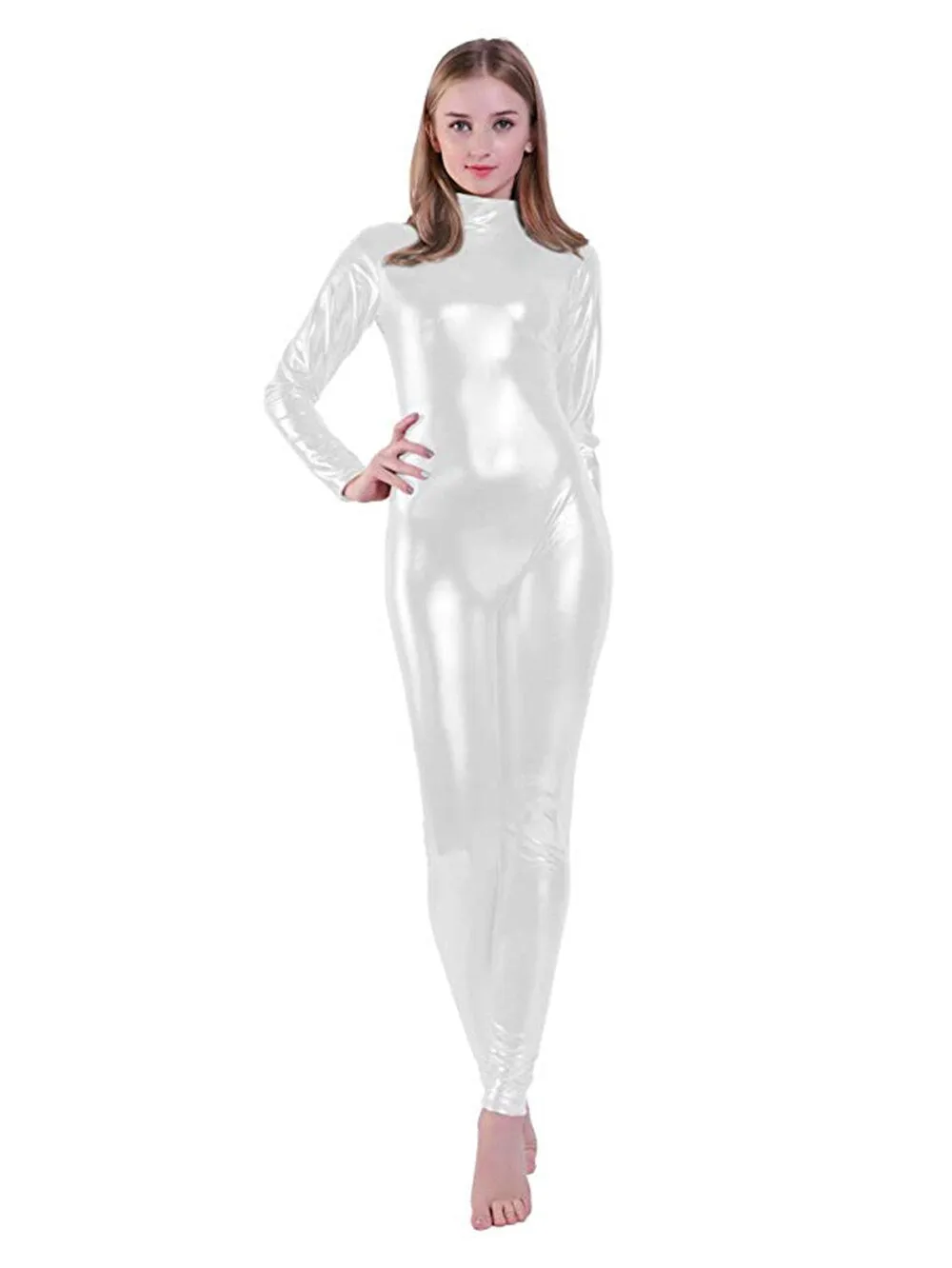 Ashore Shop Women Shiny Metallic Unitard Turtle Neck Long Sleeve Footless Cosplay Zentai Suit Adult Hollween Catsuit Dance Wear