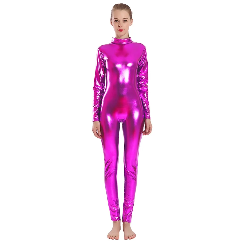 Ashore Shop Women Shiny Metallic Unitard Turtle Neck Long Sleeve Footless Cosplay Zentai Suit Adult Hollween Catsuit Dance Wear