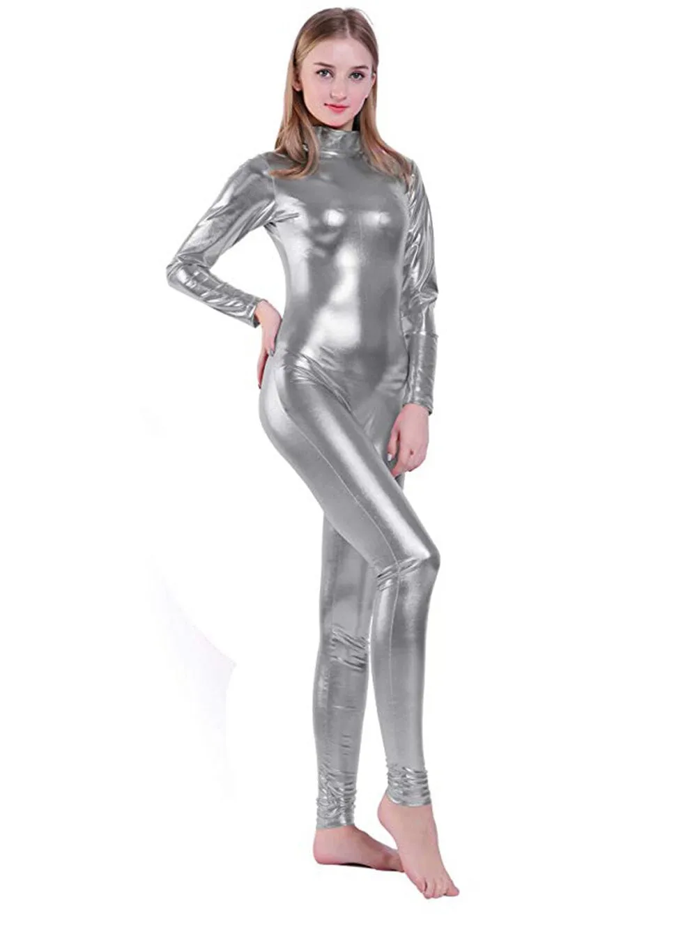 Ashore Shop Women Shiny Metallic Unitard Turtle Neck Long Sleeve Footless Cosplay Zentai Suit Adult Hollween Catsuit Dance Wear