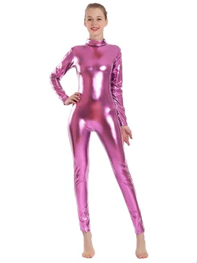 Ashore Shop Women Shiny Metallic Unitard Turtle Neck Long Sleeve Footless Cosplay Zentai Suit Adult Hollween Catsuit Dance Wear