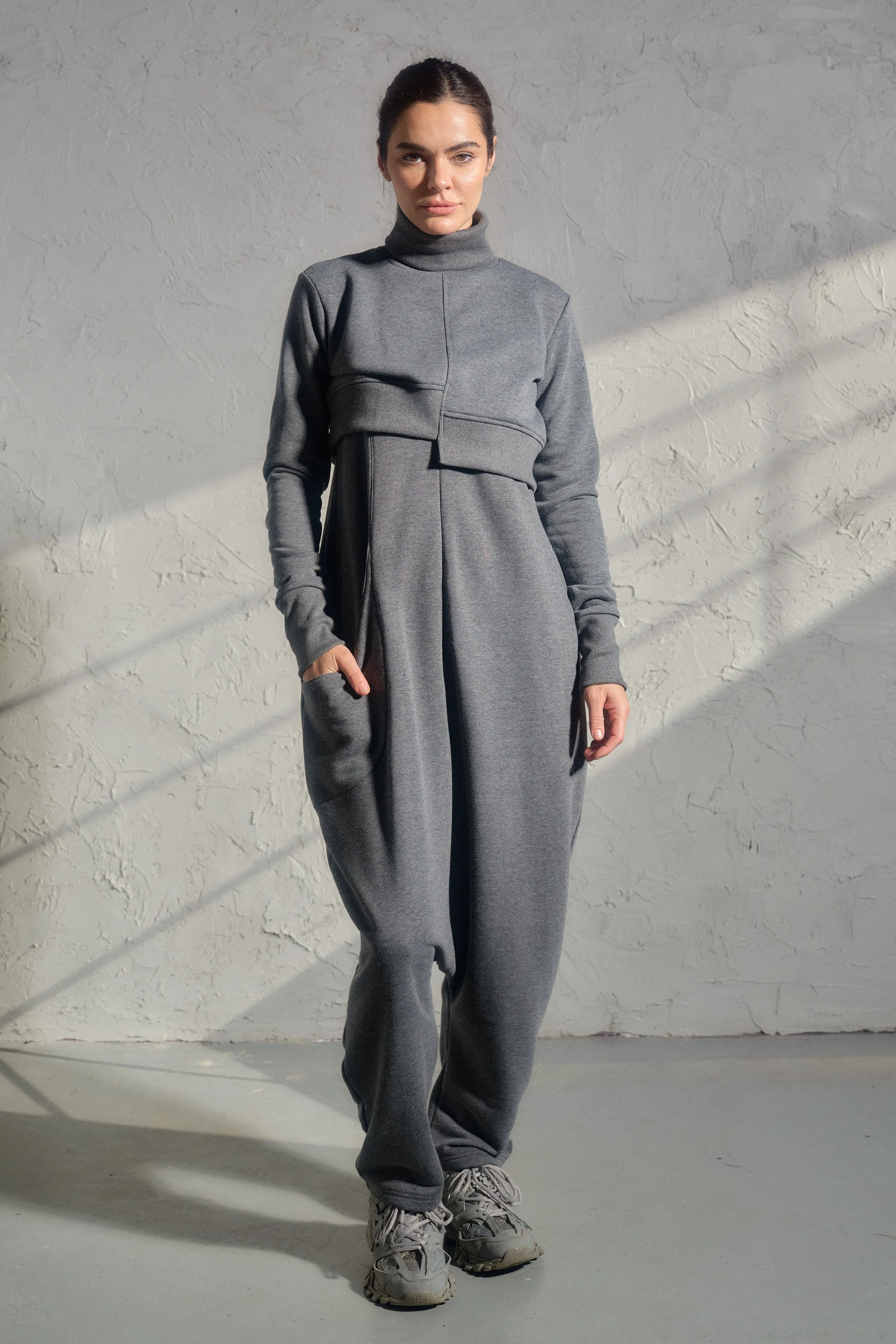 Asymmetrical set of two - cotton turtleneck top and baggy jumpsuit in dark gray