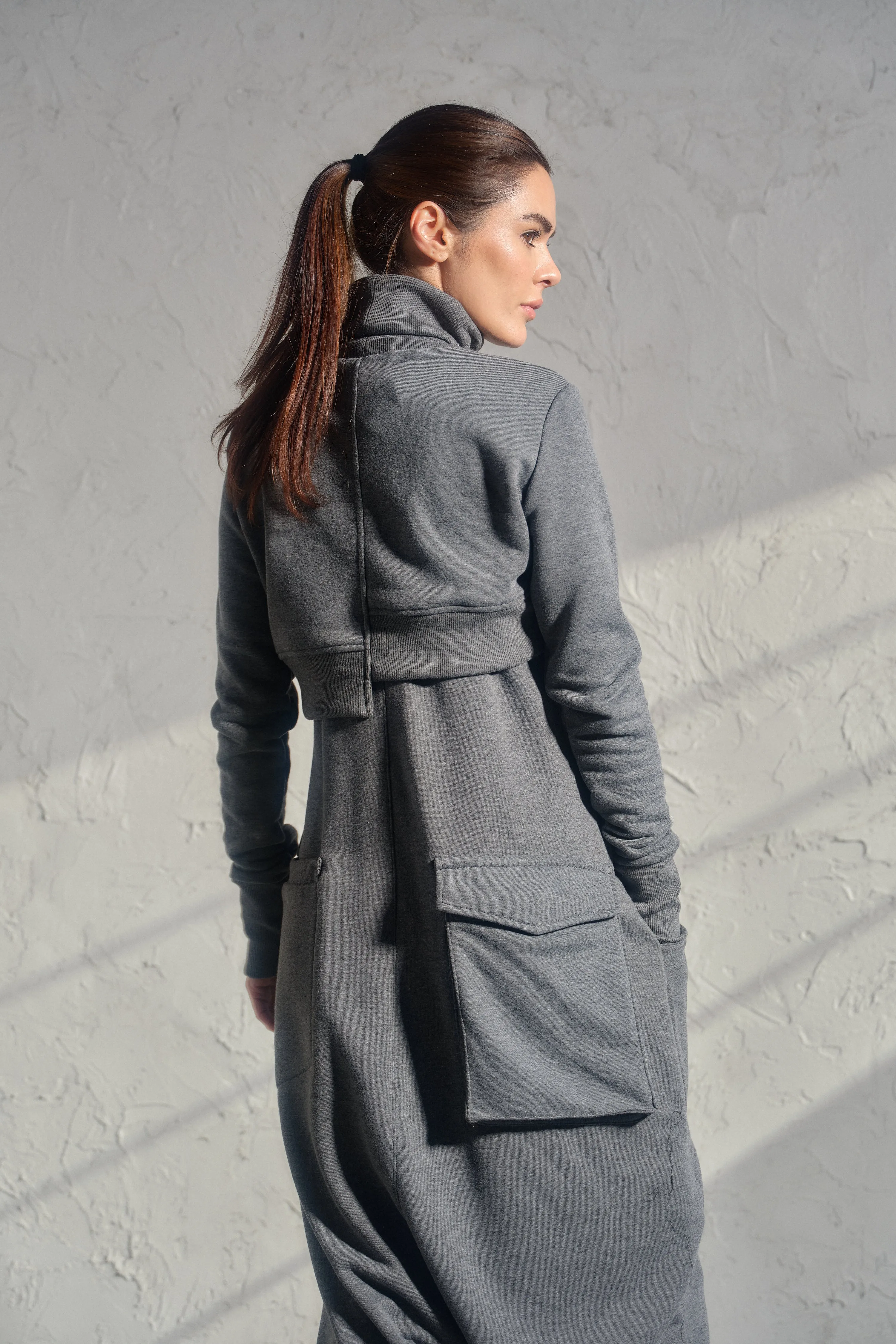 Asymmetrical set of two - cotton turtleneck top and baggy jumpsuit in dark gray
