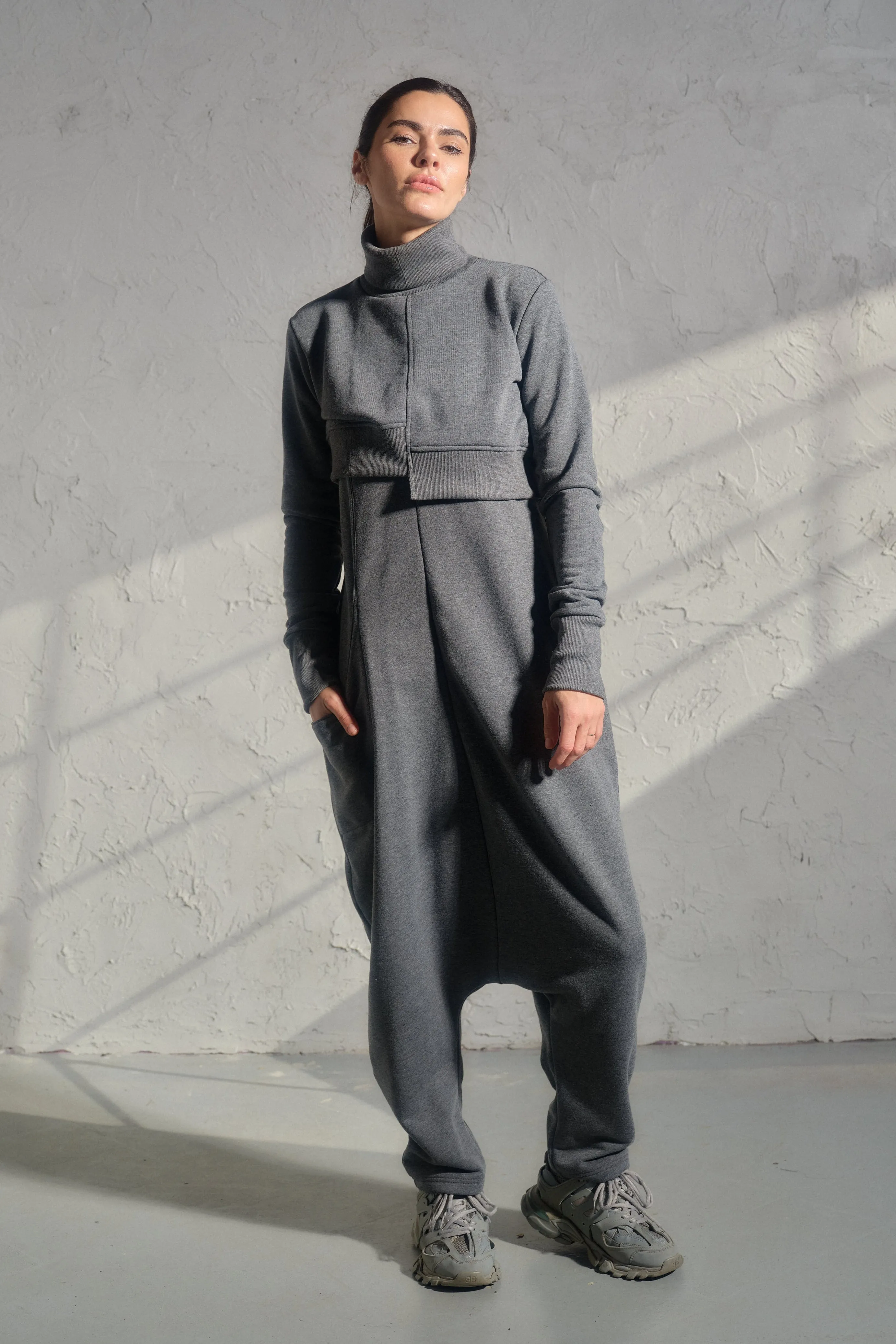 Asymmetrical set of two - cotton turtleneck top and baggy jumpsuit in dark gray