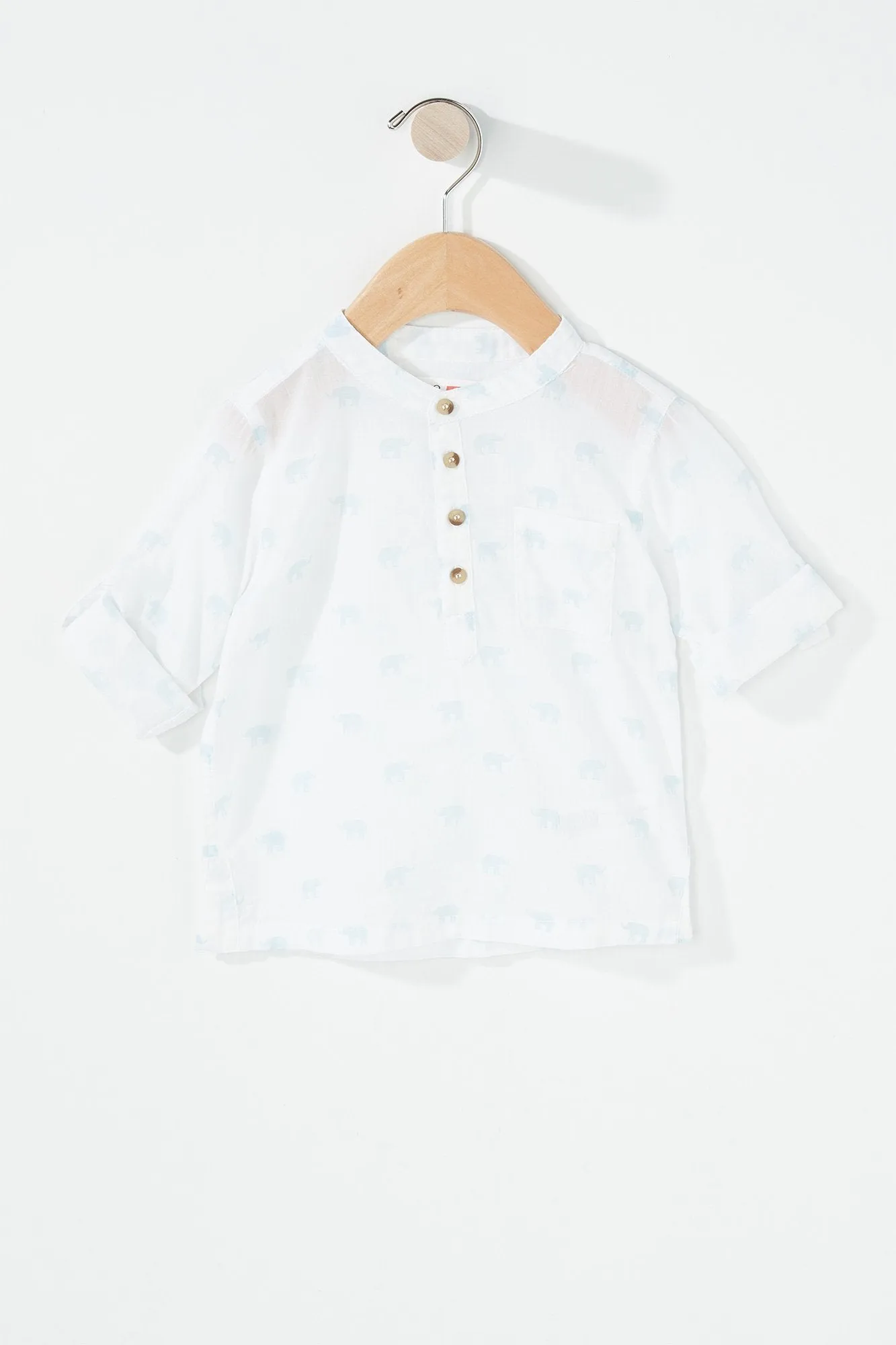 Baby Boy Button-Up Roll-Tab Printed Henley Shirt