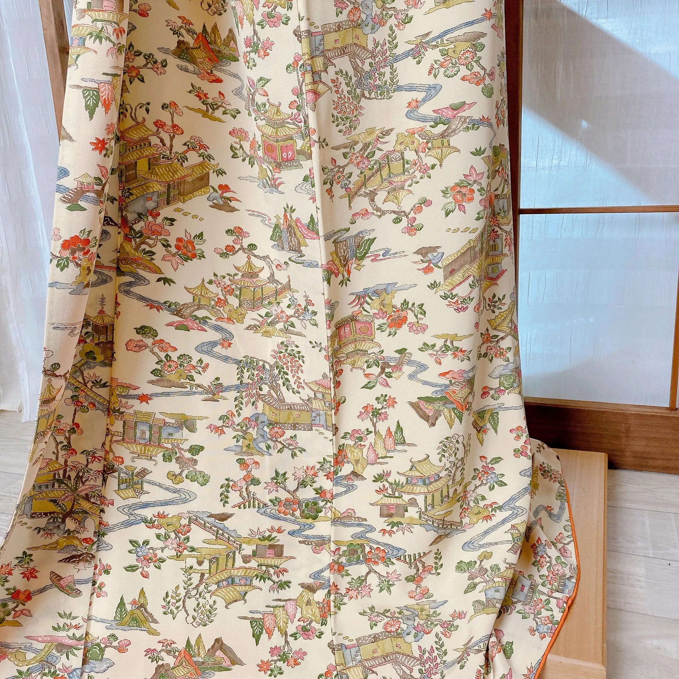 Beige Japanese Kimono, Landscape, Authentic Silk, Cream White, Vintage silk, Unique and Stand Out, Luxurious Garment, Nature