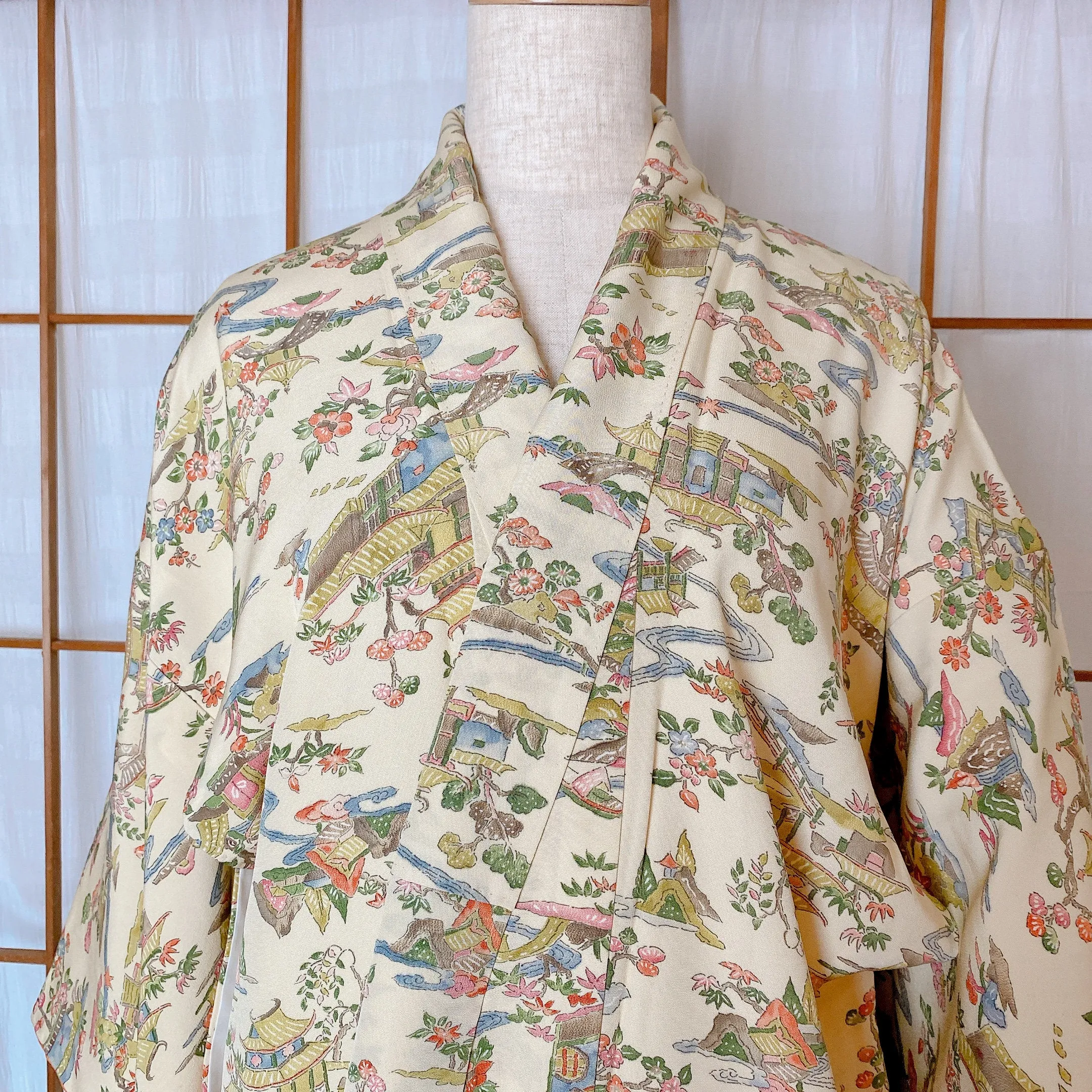 Beige Japanese Kimono, Landscape, Authentic Silk, Cream White, Vintage silk, Unique and Stand Out, Luxurious Garment, Nature