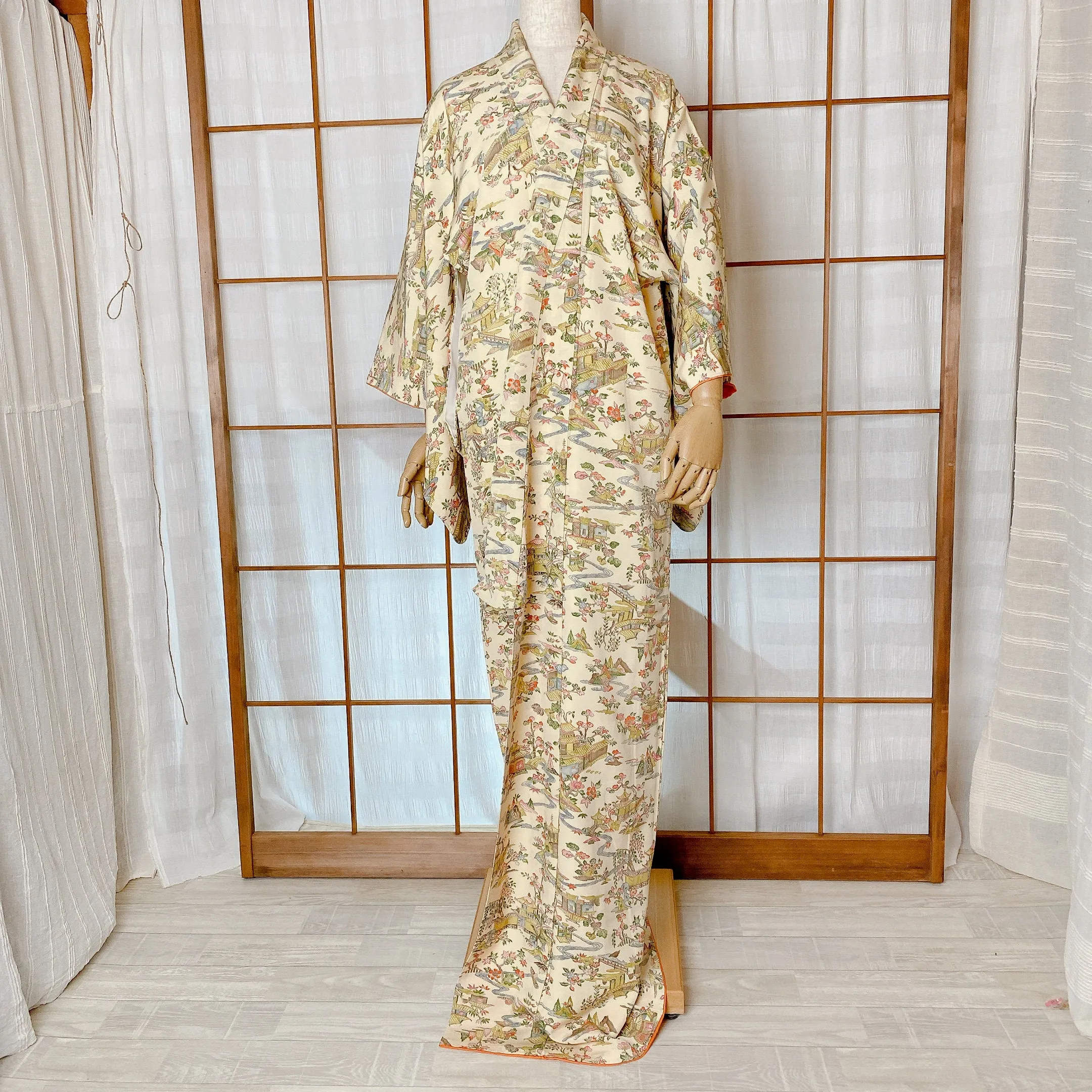 Beige Japanese Kimono, Landscape, Authentic Silk, Cream White, Vintage silk, Unique and Stand Out, Luxurious Garment, Nature