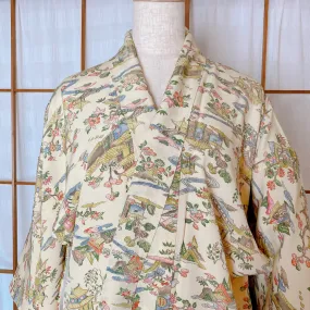 Beige Japanese Kimono, Landscape, Authentic Silk, Cream White, Vintage silk, Unique and Stand Out, Luxurious Garment, Nature