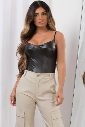 Black Faux Leather Cupped Bodysuit Top