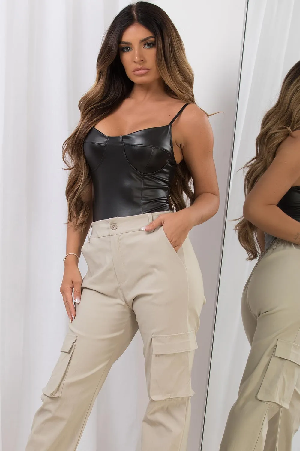 Black Faux Leather Cupped Bodysuit Top