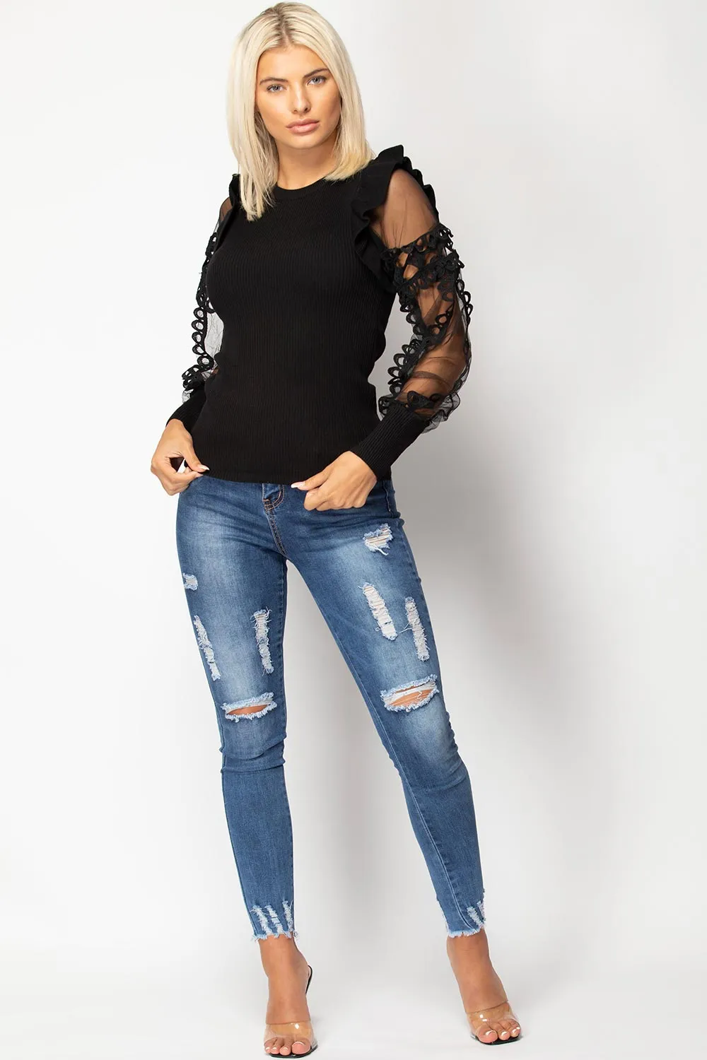 Black Sheer Lace Sleeve Jumper