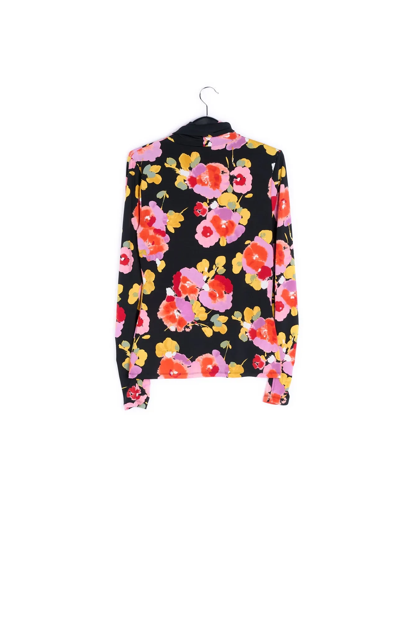 Black turtleneck top with floral-print
