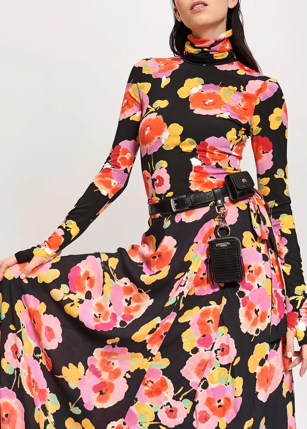 Black turtleneck top with floral-print