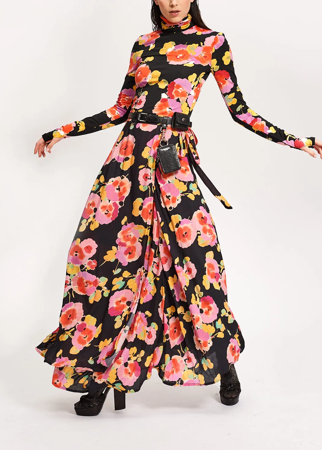 Black turtleneck top with floral-print