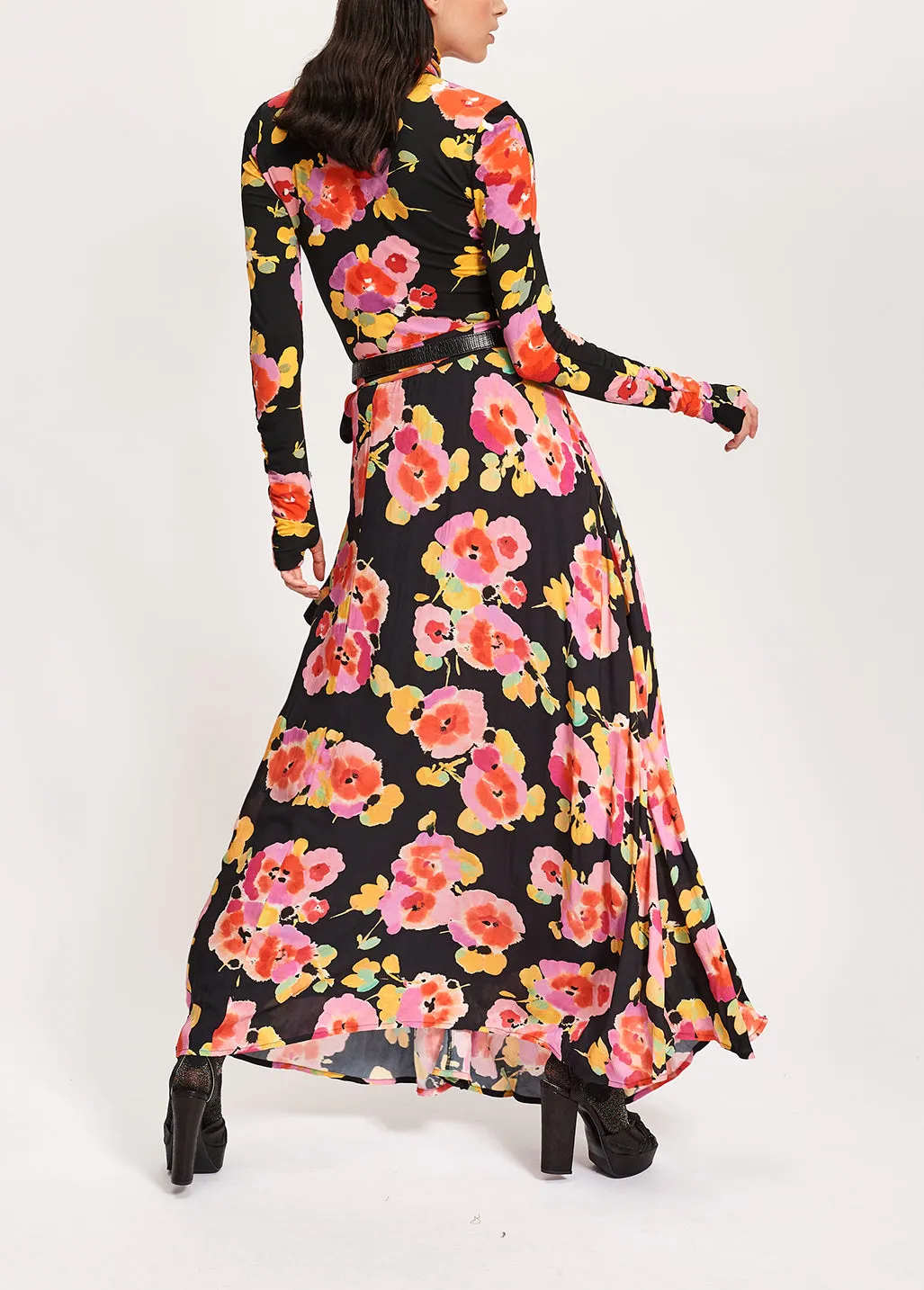Black turtleneck top with floral-print
