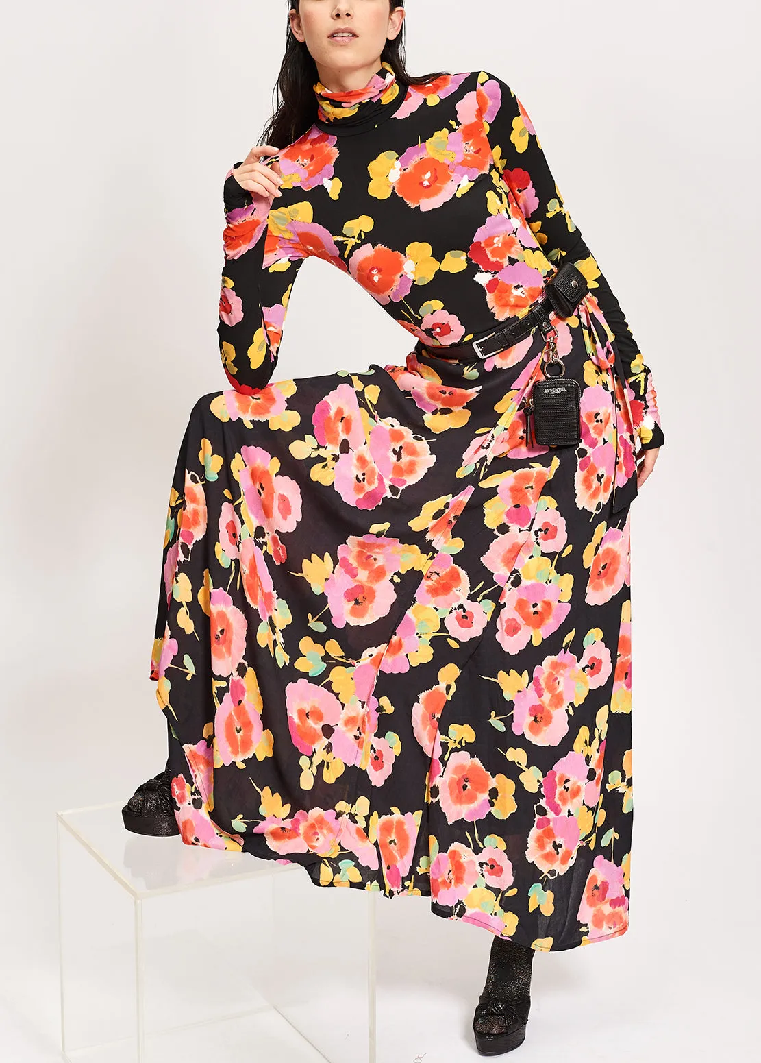 Black turtleneck top with floral-print
