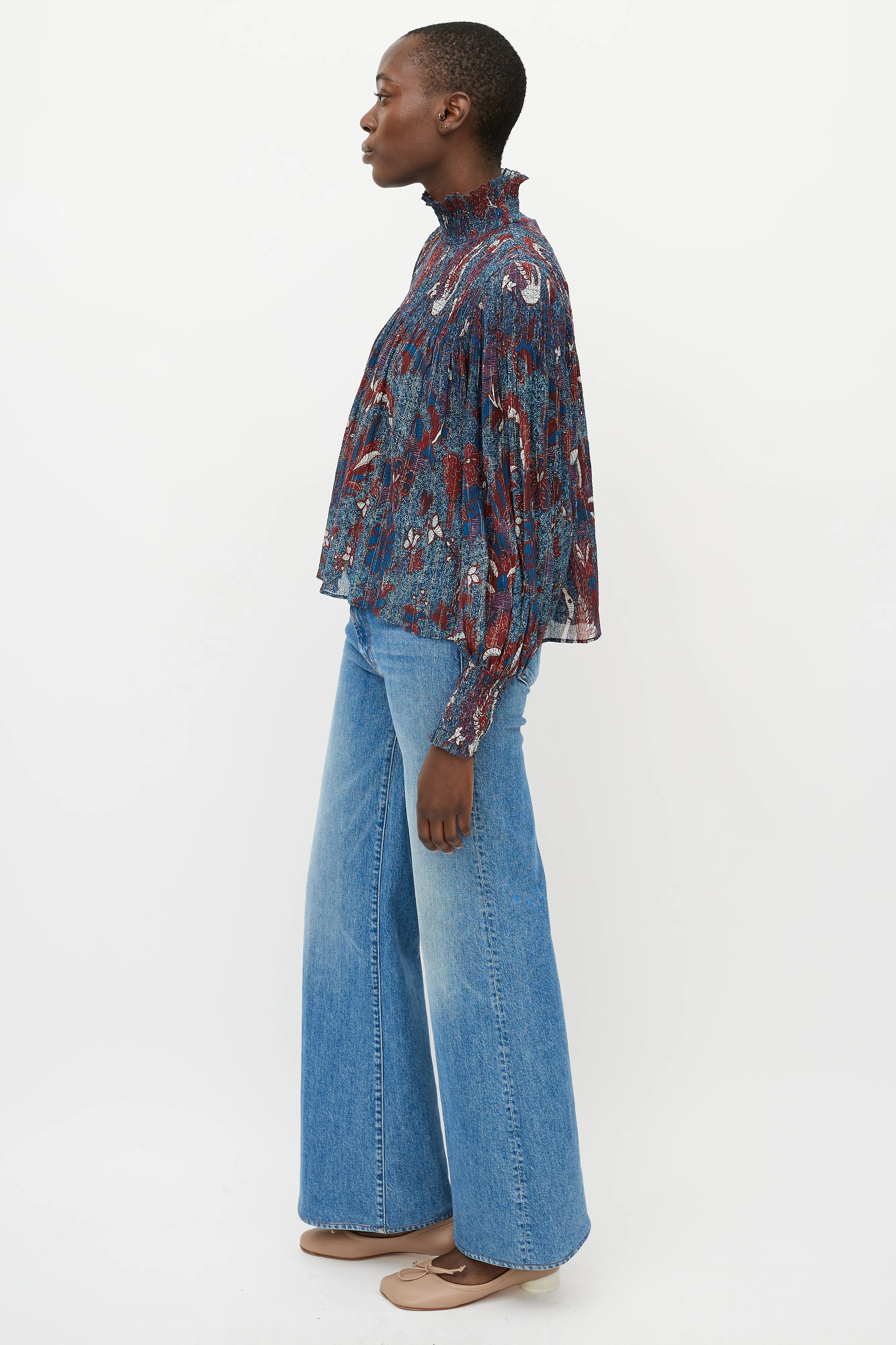 Blue & Red Printed Sheer Turtleneck Blouse