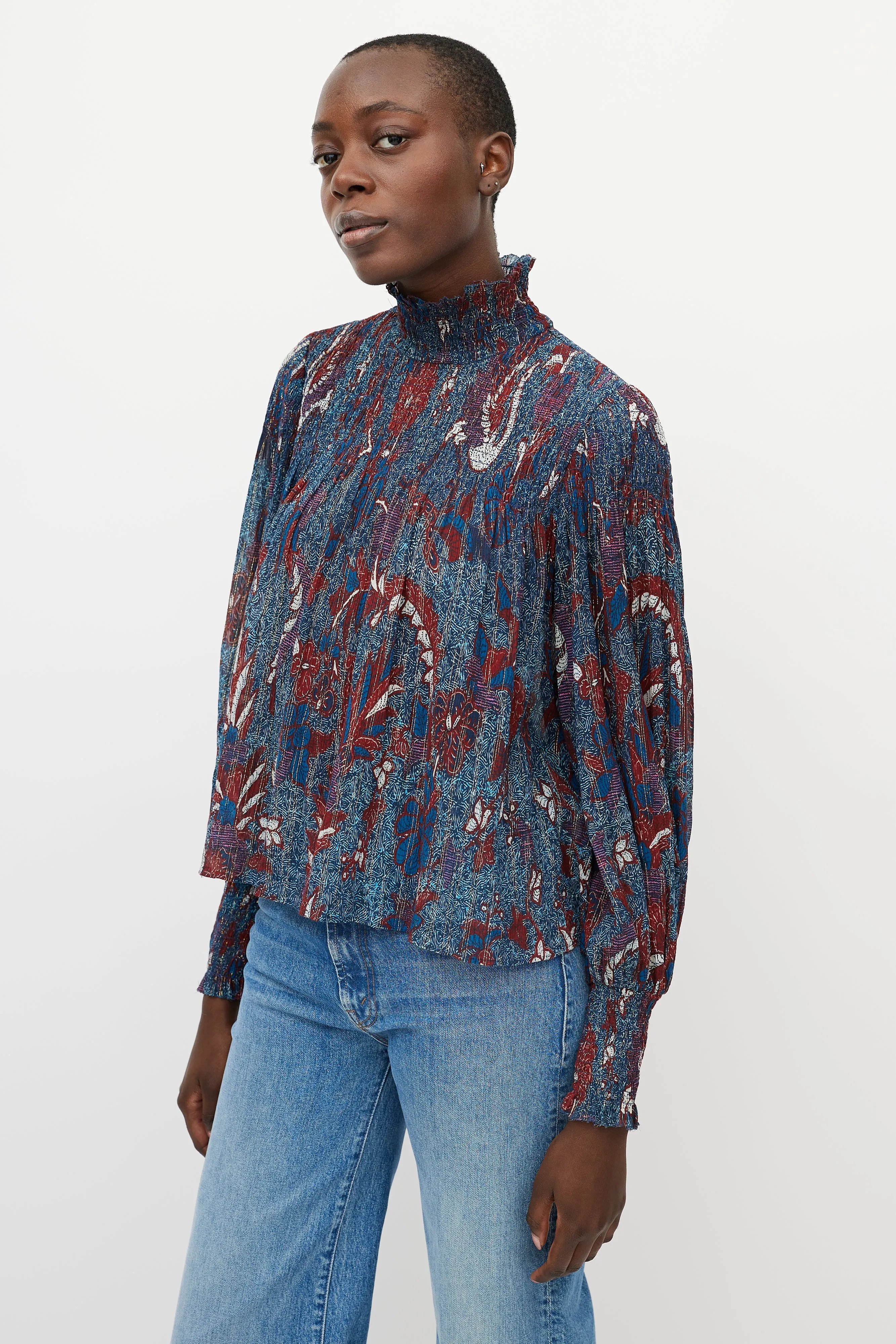 Blue & Red Printed Sheer Turtleneck Blouse
