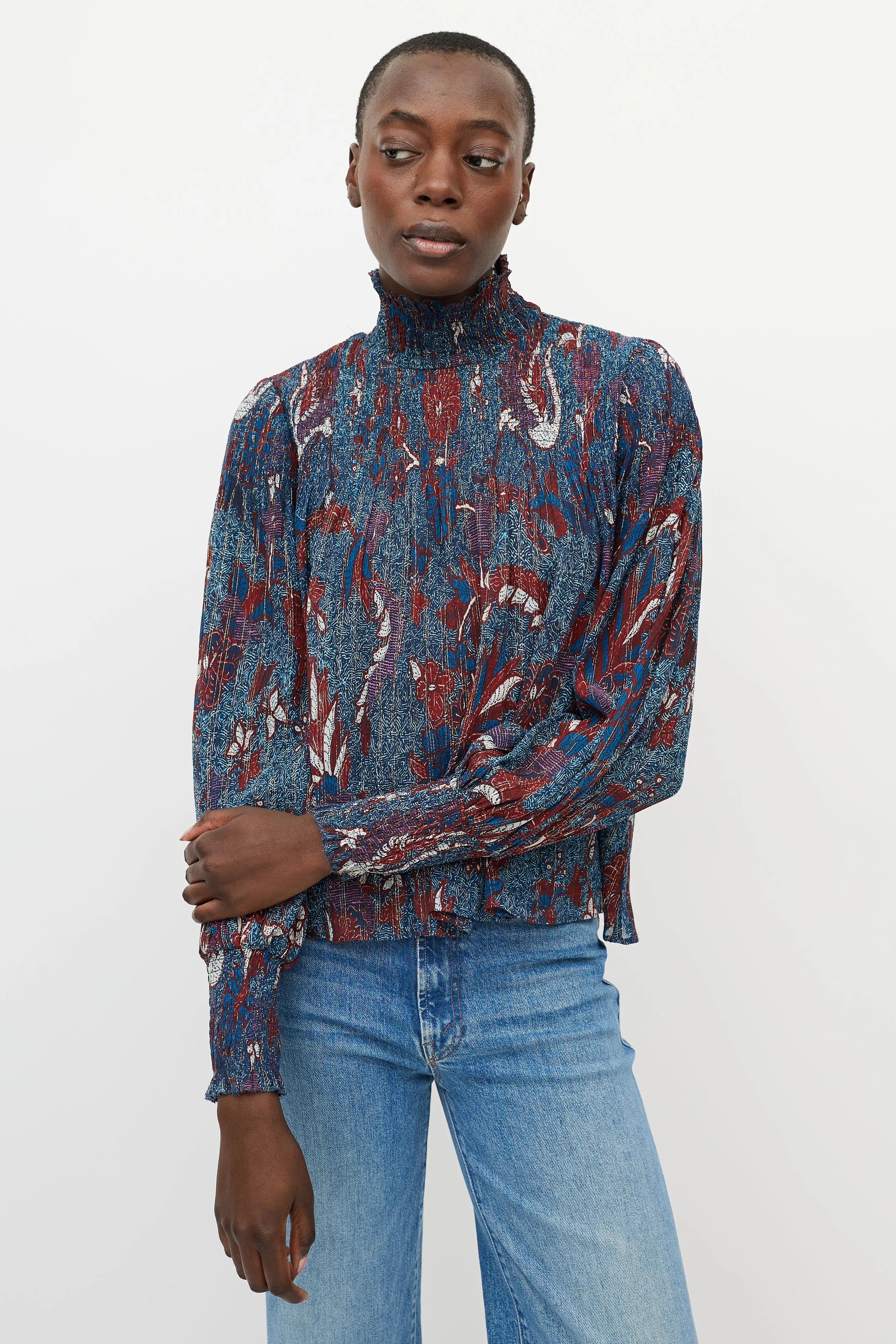 Blue & Red Printed Sheer Turtleneck Blouse
