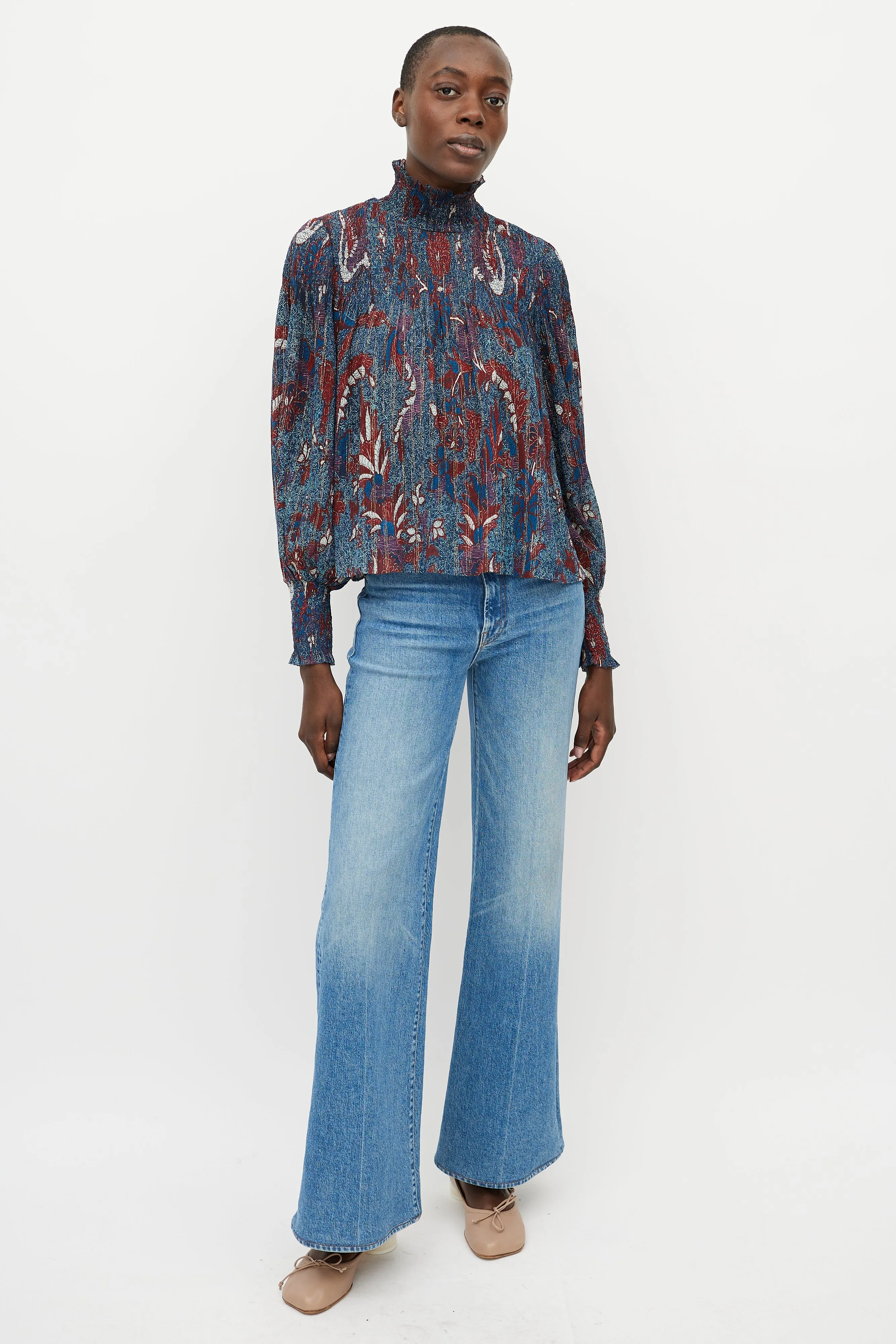 Blue & Red Printed Sheer Turtleneck Blouse