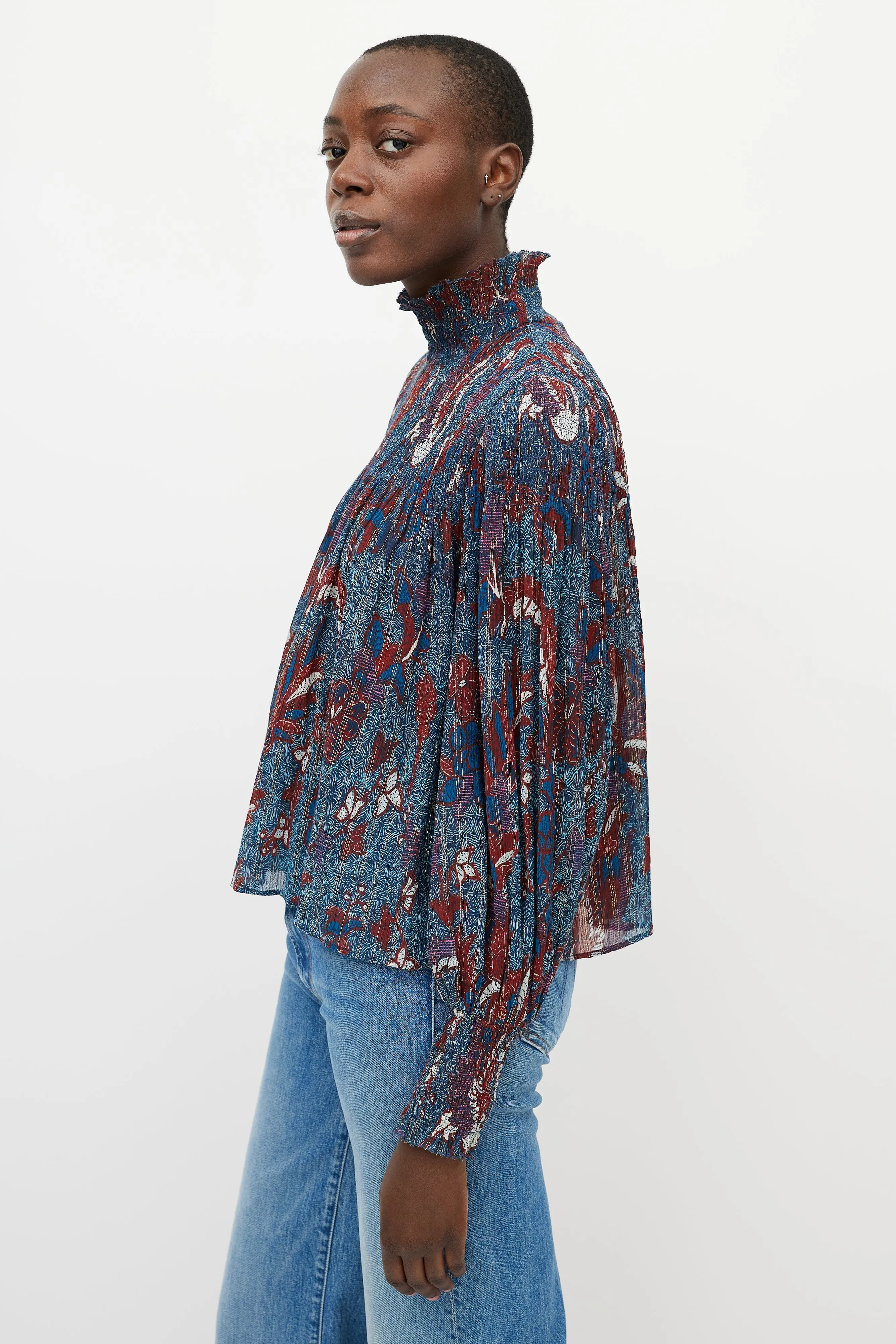 Blue & Red Printed Sheer Turtleneck Blouse