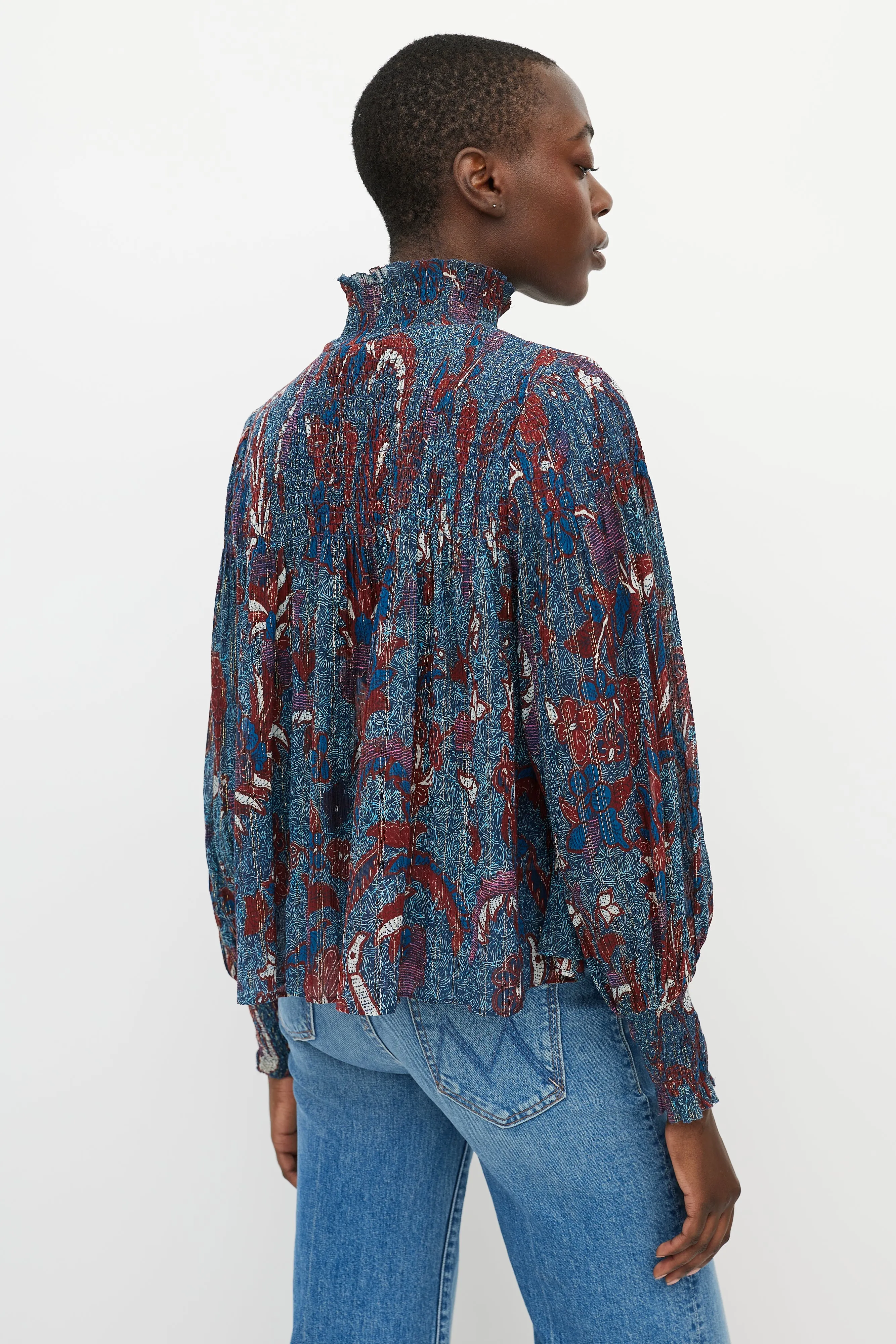 Blue & Red Printed Sheer Turtleneck Blouse
