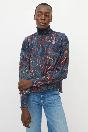 Blue & Red Printed Sheer Turtleneck Blouse