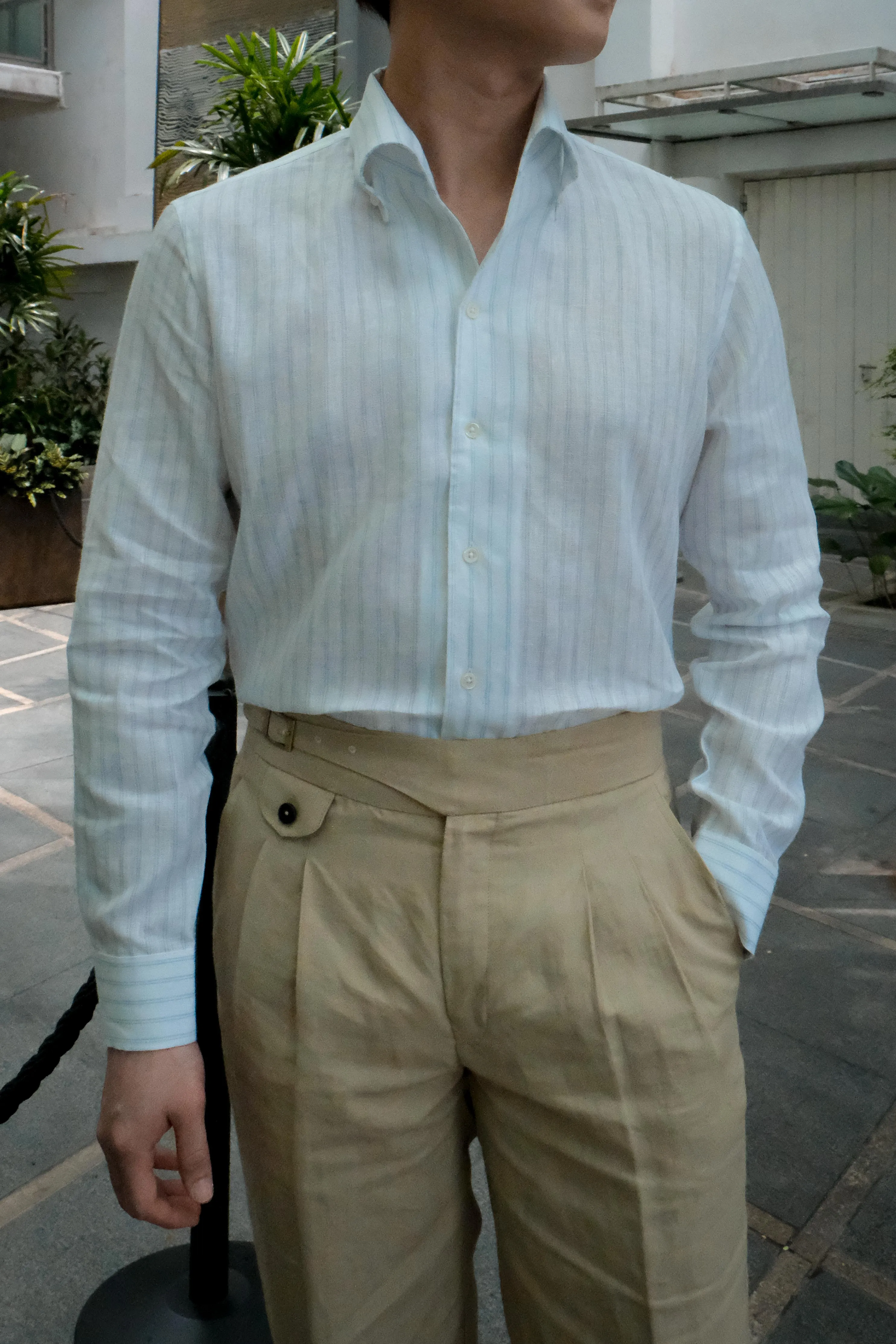 Blue Stripes Linen One Piece Collar Men Shirt