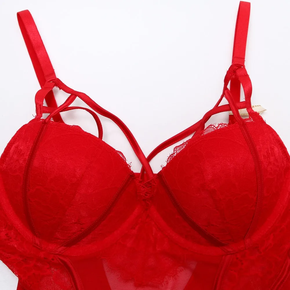 Bodysuit Women Push Up Red Strappy Cup