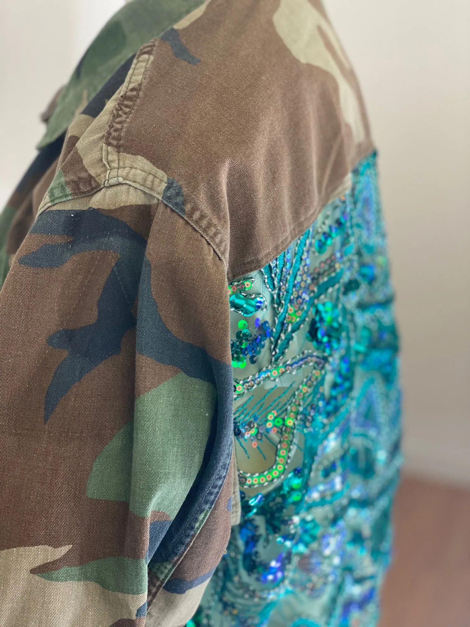 Camo Jacket Refurbished with Teal Sequins