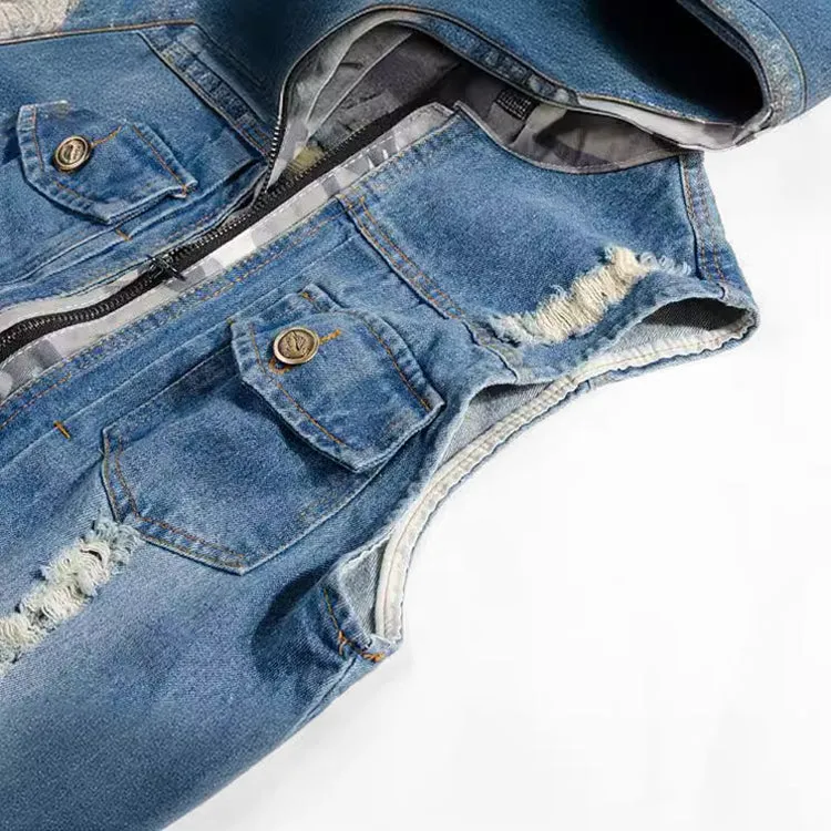 Camouflage Ripped Denim Vest with Hooded