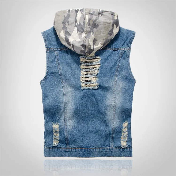 Camouflage Ripped Denim Vest with Hooded