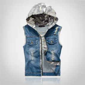 Camouflage Ripped Denim Vest with Hooded