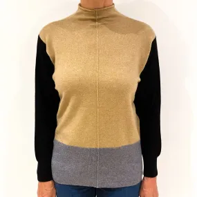 Caramel, Grey and Black Colour Block Cashmere Funnel Neck Jumper Medium