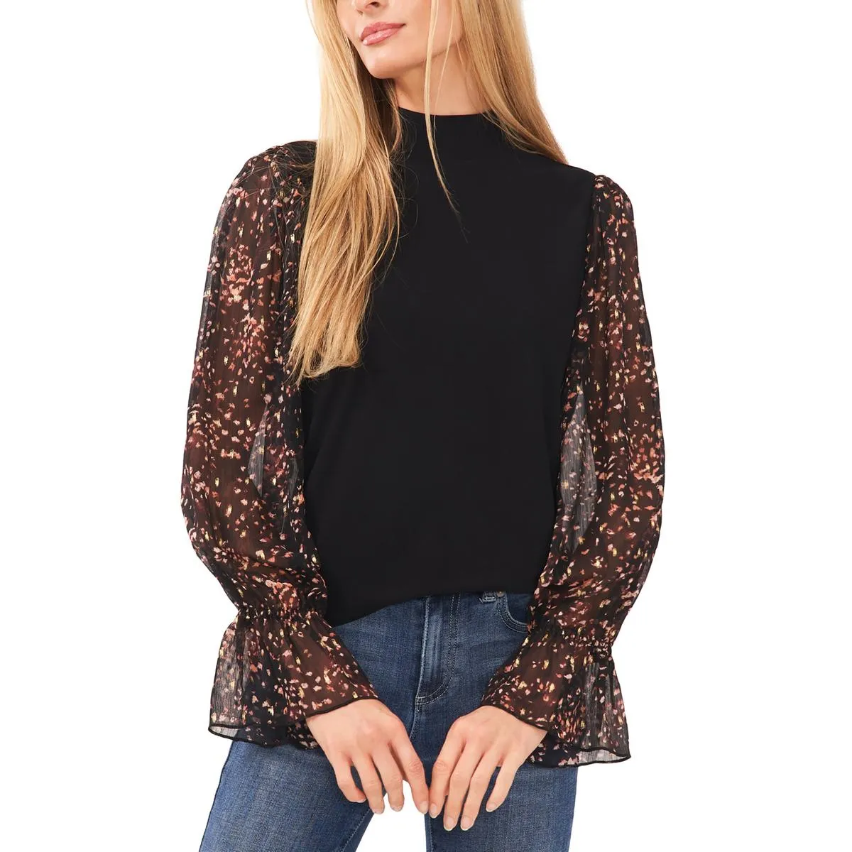 CeCe Womens Printed Metallic Turtleneck Top