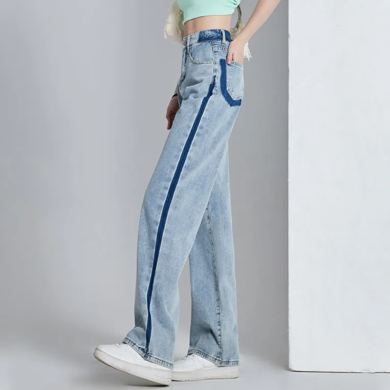 Contrasting Color High-Waist Wide-Leg Jeans