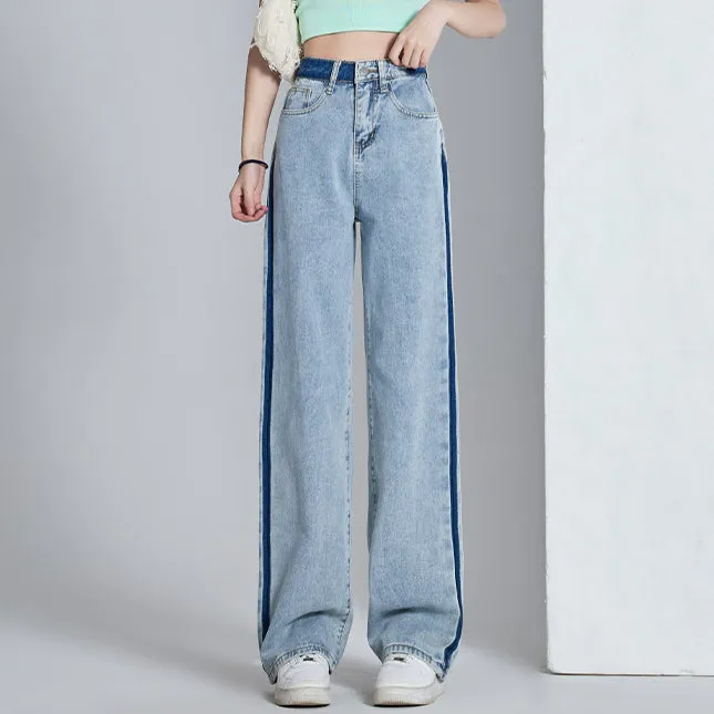 Contrasting Color High-Waist Wide-Leg Jeans