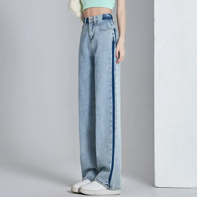 Contrasting Color High-Waist Wide-Leg Jeans