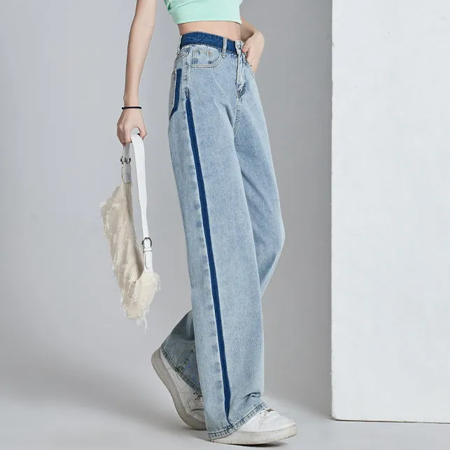 Contrasting Color High-Waist Wide-Leg Jeans